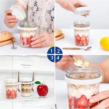Overnight Oats Container with Lid and Spoon 350ML Airtight Oatmeal Container with Scale Portable Fruit Salad Food Storage Box