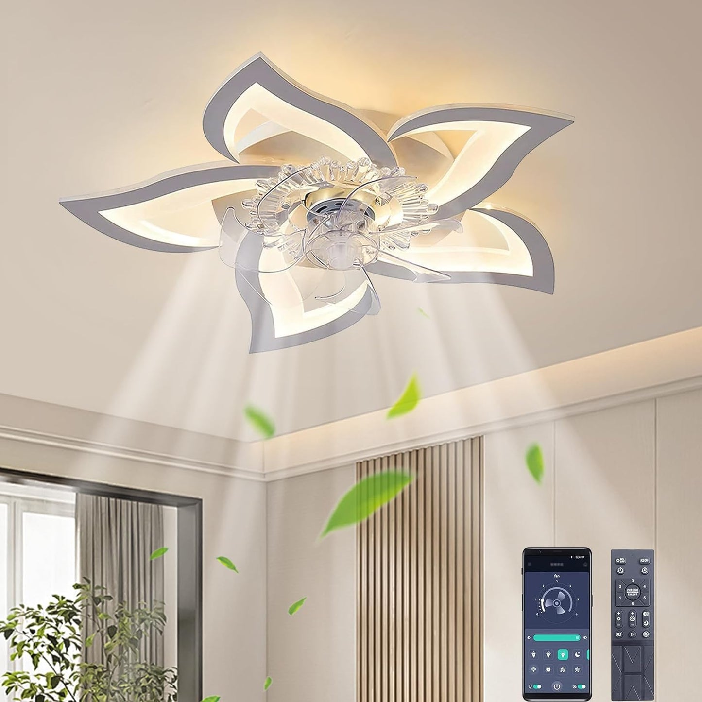 Leise Deckenventilator Mit Beleuchtung, Modern LED Dimmbar Deckenbeleuchtung Mit Ventilator, Kreativer 5 Lichter Design Deckenventilator Für Schlafzimmer Küche Esszimmer Lampen (Weiß, 69CM)