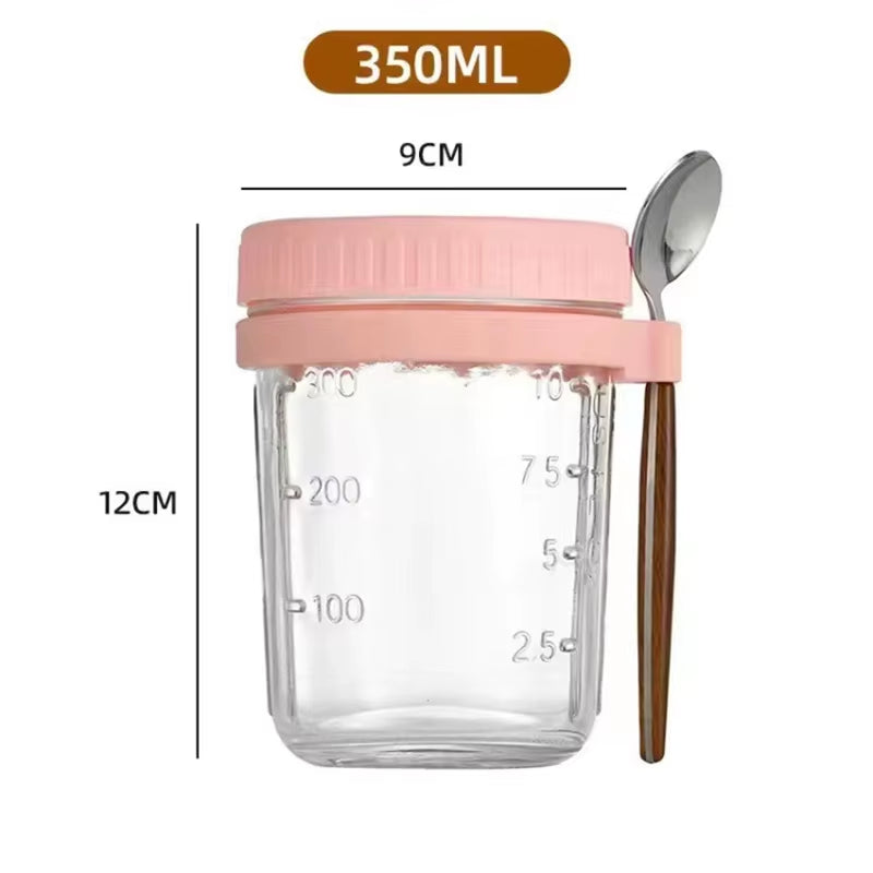 Overnight Oats Container with Lid and Spoon 350ML Airtight Oatmeal Container with Scale Portable Fruit Salad Food Storage Box