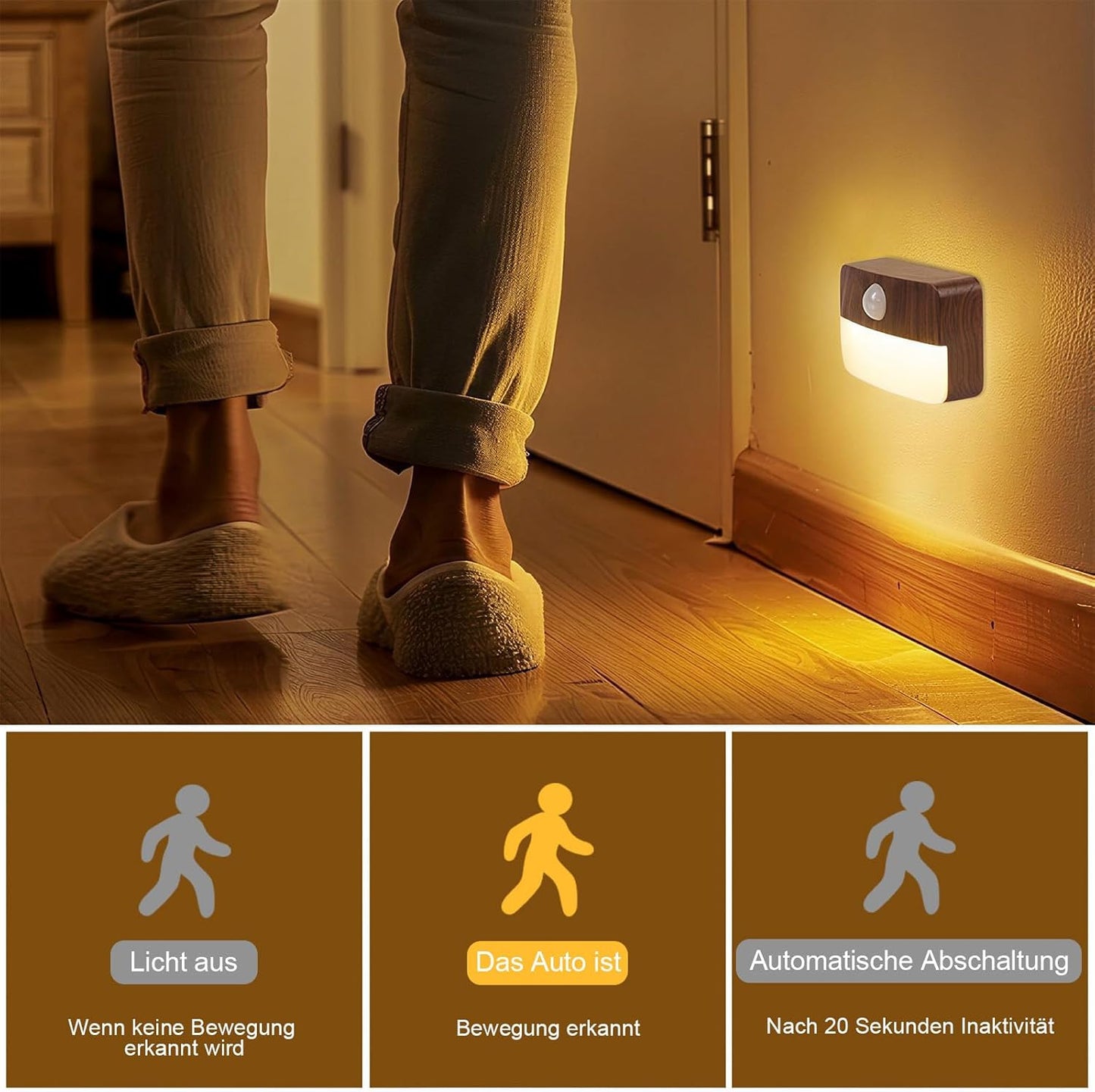 8PCS LED Treppenbeleuchtung Mit Bewegungsmelder - Innen Nachtlicht, Treppenlicht Mit Motion Sensor Akku, Kleine Lampe Treppenstufenbeleuchtung Mit Batterie, Night Light Für Kinder, Trepp (Eiche)