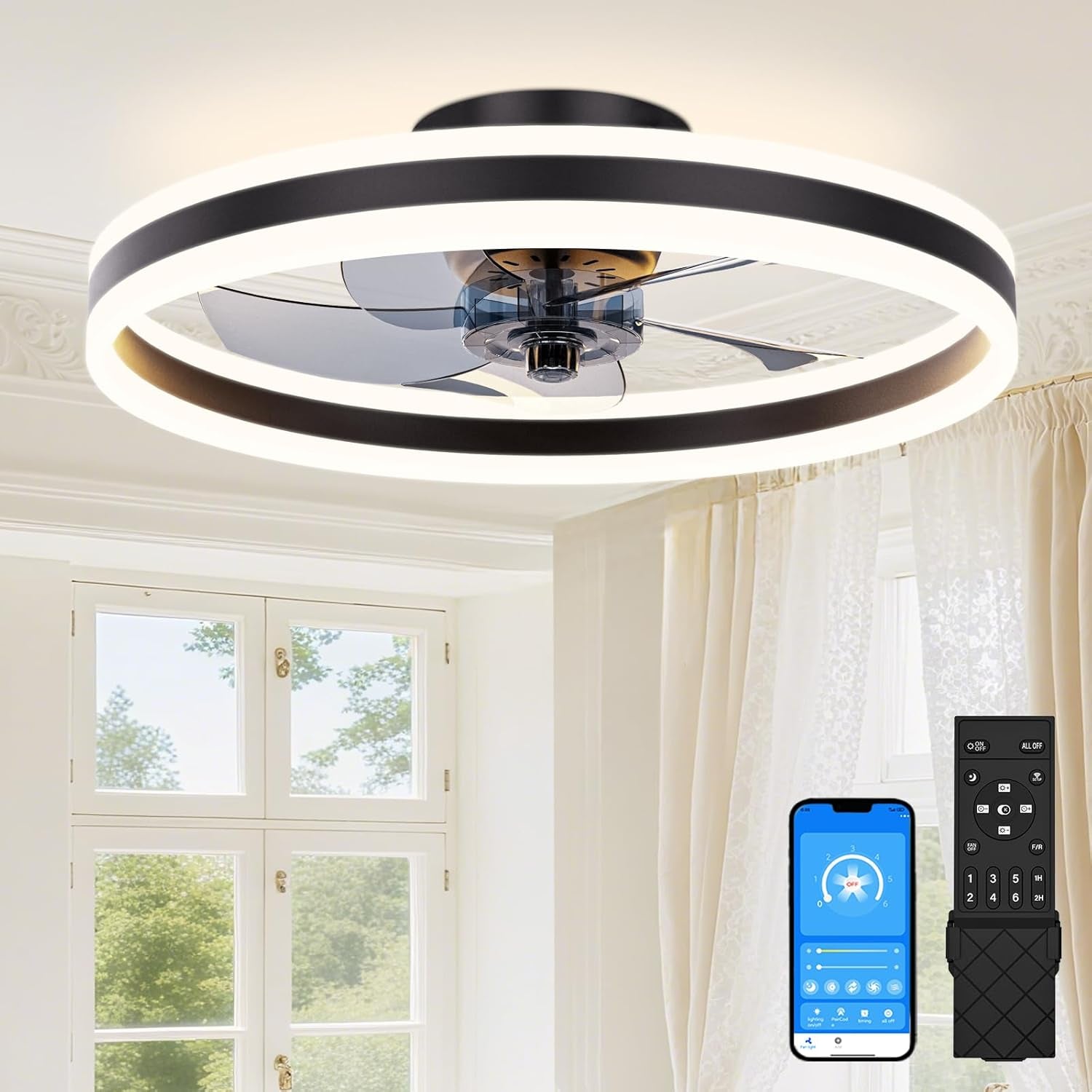 Deckenventilatoren Mit Beleuchtung, 50Cm Lampe Mit Ventilator, 3000K-6500K Dimmbare LED Deckenventilator Mit Licht, Deckenventilatorlampe Für Schlafzimmer,6-Gang,Timer,Leise, Schwarz
