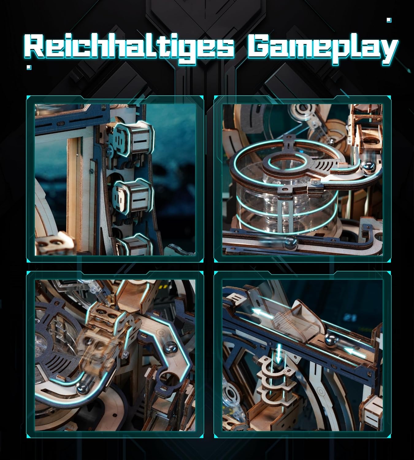 ROKR 3D Puzzle Erwachsene Elektrische Kugelbahn,Marble Spaceport 3D Wooden Puzzle,Night City 2.0,Geschenkidee Für Männer(Lgc01)