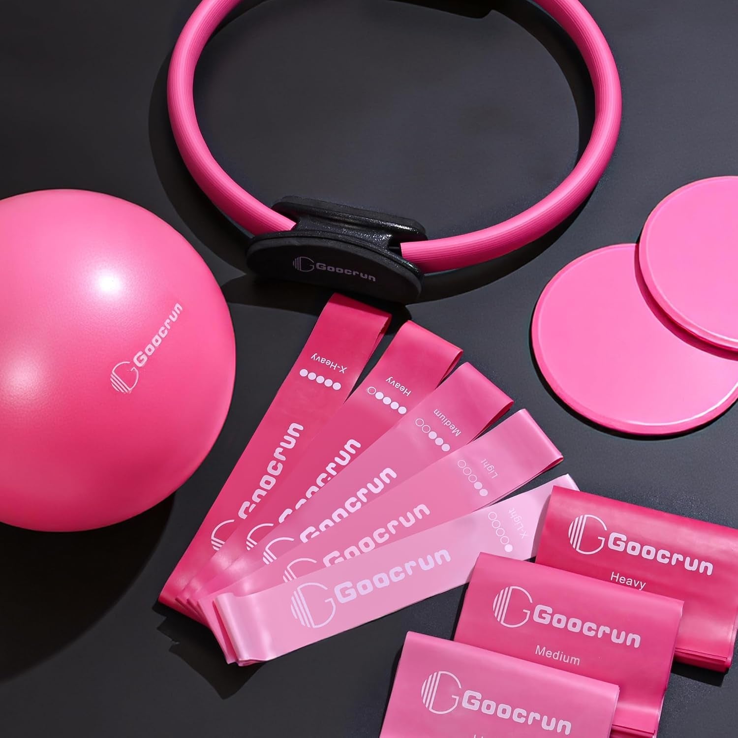 Pilates-Ring-Set Mit Widerstandsband, Pilatesball Und Gleitscheiben. Tragbares Heim-Fitnessstudio – Inklusive Fitness-Poster