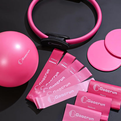 Pilates-Ring-Set Mit Widerstandsband, Pilatesball Und Gleitscheiben. Tragbares Heim-Fitnessstudio – Inklusive Fitness-Poster