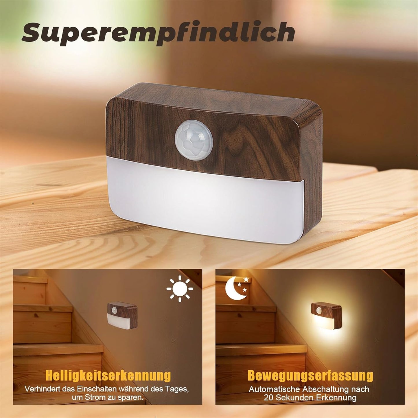 8PCS LED Treppenbeleuchtung Mit Bewegungsmelder - Innen Nachtlicht, Treppenlicht Mit Motion Sensor Akku, Kleine Lampe Treppenstufenbeleuchtung Mit Batterie, Night Light Für Kinder, Trepp (Eiche)