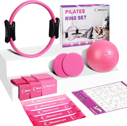 Pilates-Ring-Set Mit Widerstandsband, Pilatesball Und Gleitscheiben. Tragbares Heim-Fitnessstudio – Inklusive Fitness-Poster
