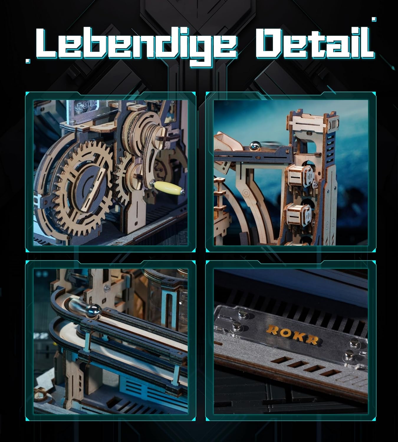 ROKR 3D Puzzle Erwachsene Elektrische Kugelbahn,Marble Spaceport 3D Wooden Puzzle,Night City 2.0,Geschenkidee Für Männer(Lgc01)